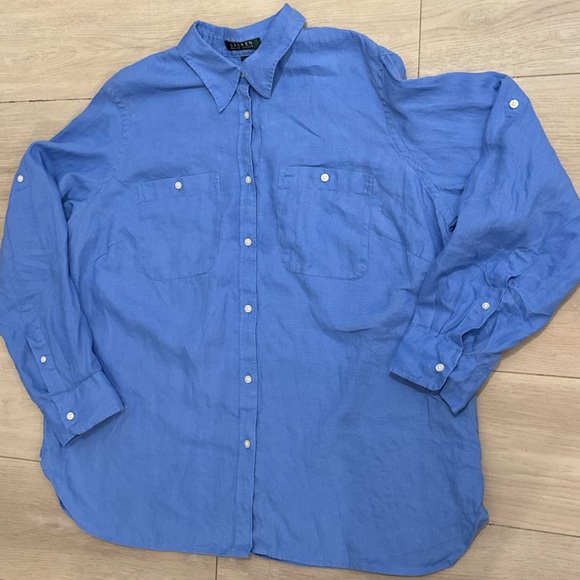 Lauren Ralph Lauren Classic Blue Shirt 100% Linen XL Preppy Old money - Picture 10 of 13